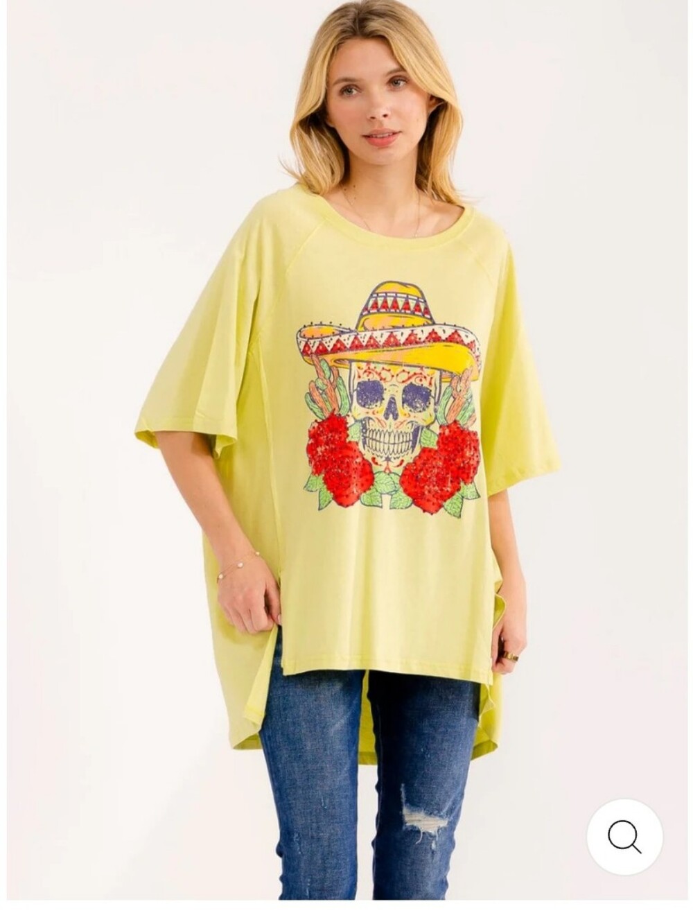 Relaxed Lime Graphic Skull Tee with Floral Accent